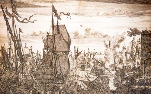 В морском сражении при выходе из бухты Маракайбо самый большой корабль флибустьеров, начинённый смолой, дегтем и серой, протаранил и поджёг флагман флотилии, посланной испанским королём защитить его  заокеанские владения от пиратов.